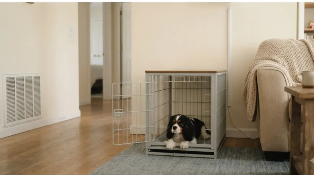 Family room corner with a Dog Crate that passes the 5‑point placement test: near people, no drafts, no cords in reach
