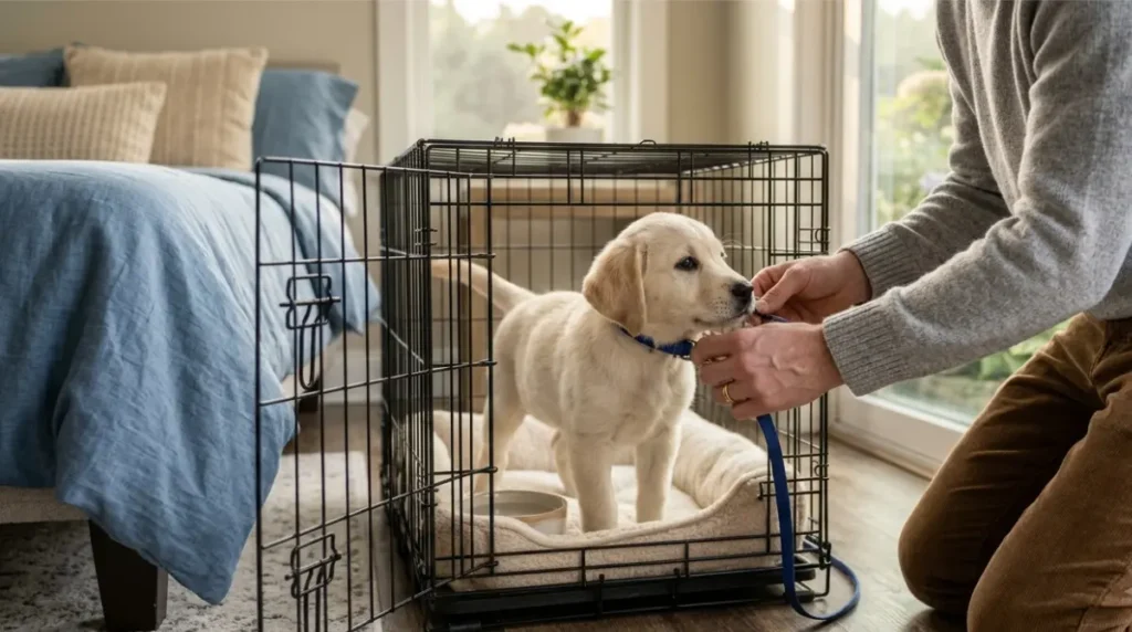 Adult attaching a leash to an 8-week-old puppy that has just woken in a bedside crate during crate training.