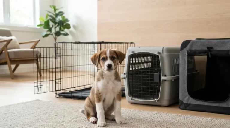 Wire dog crate and molded plastic kennel side by side in a living room, with a medium dog resting in the open wire crate