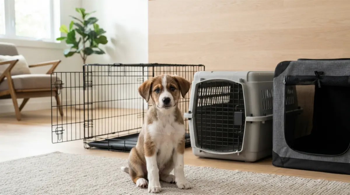 Wire dog crate and molded plastic kennel side by side in a living room, with a medium dog resting in the open wire crate