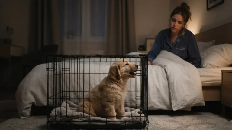 A small puppy crying in a crate during apartment crate training at night with a concerned owner nearby