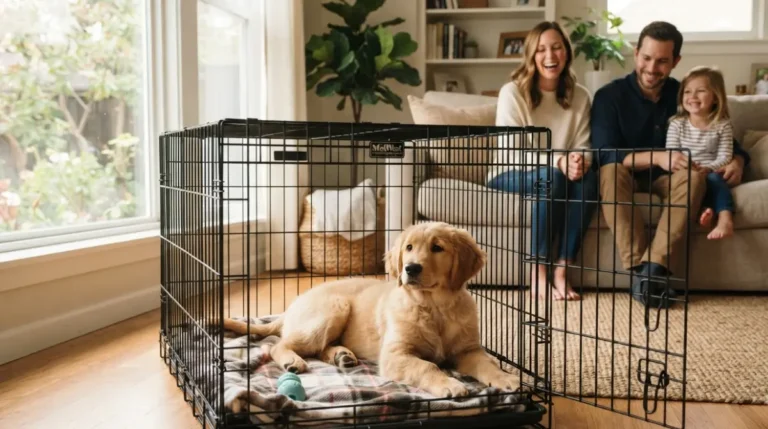 “Golden retriever puppy resting in the best dog crate with divider in a cozy family living room”