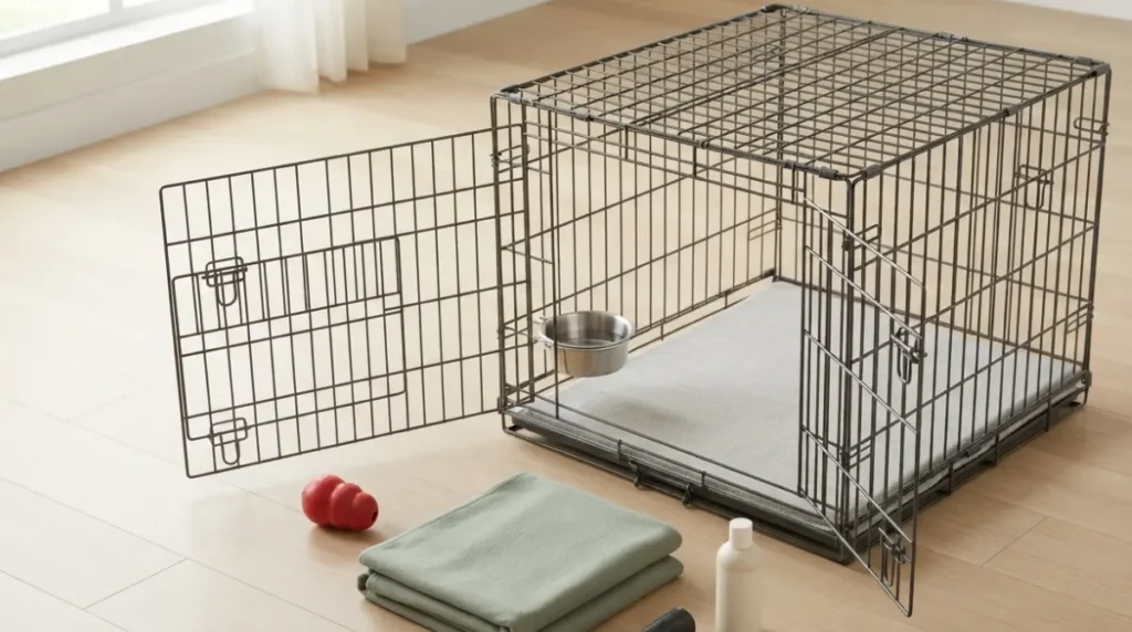 Cost of puppy crate essentials including a divider, crate pad, cleaner, blanket, bowl, and chew toy