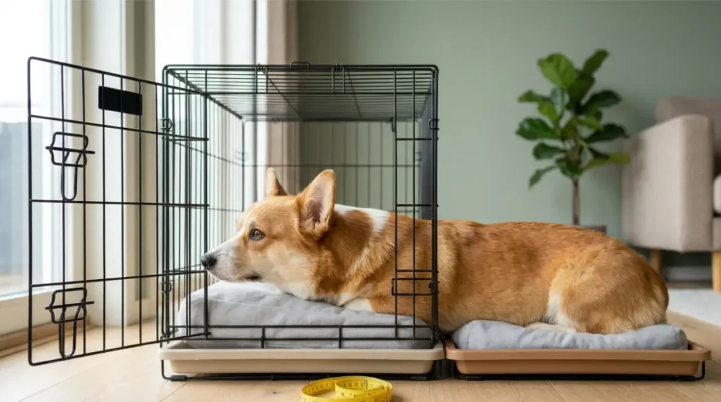 Pembroke Welsh corgi lying inside a 24-inch crate beside a dachshund crate-size guide.