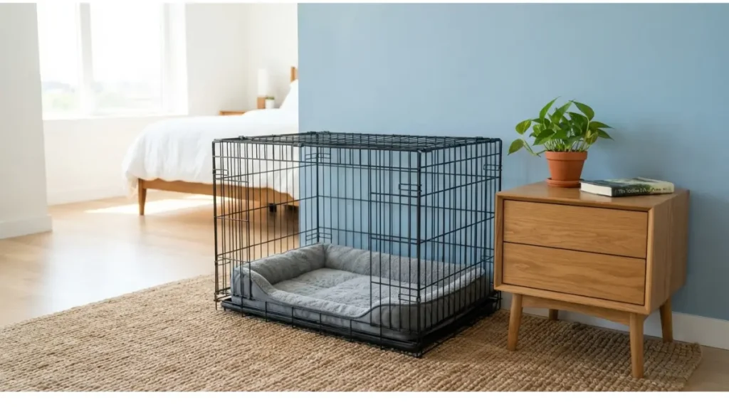 Correct crate placement in a bedroom against an interior wall for effective apartment crate training