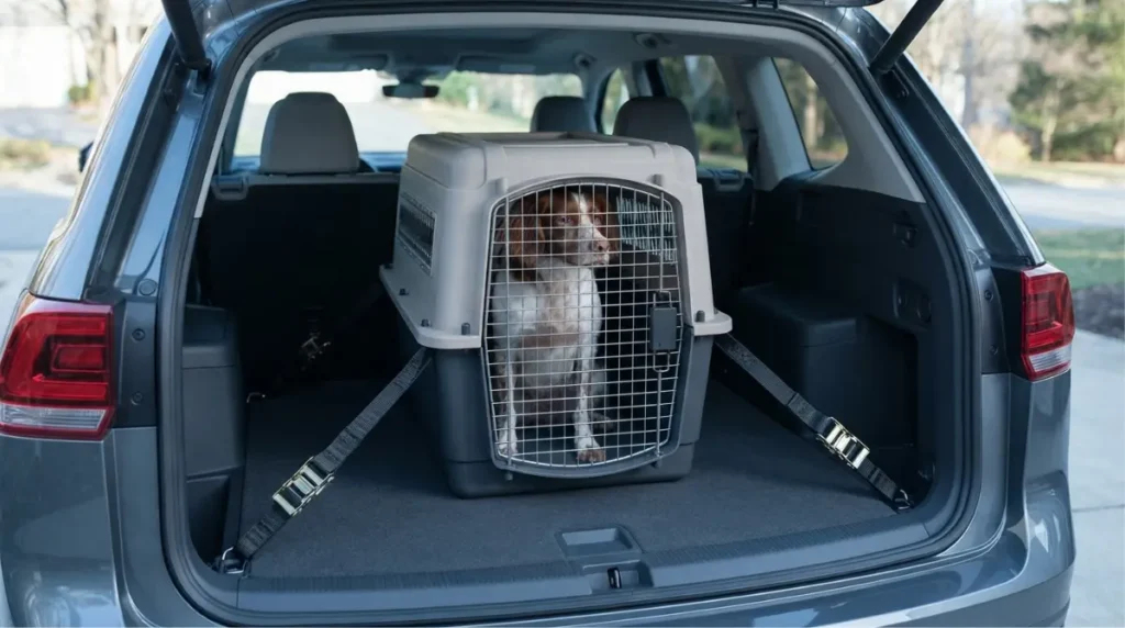 Crash Tested dog crate with a dog safely contained and anchored by straps inside an SUV
