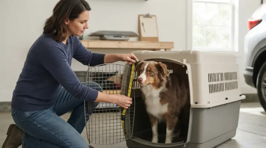 Crash Tested dog crate fit check with an owner measuring a dog inside a rigid travel crate