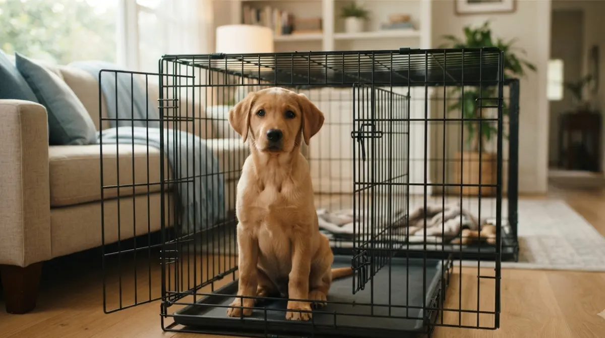 Crate Divider showing a puppy resting in the front section of an adult-size crate