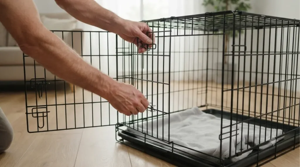 Crate Divider being secured inside a wire puppy crate by an adult