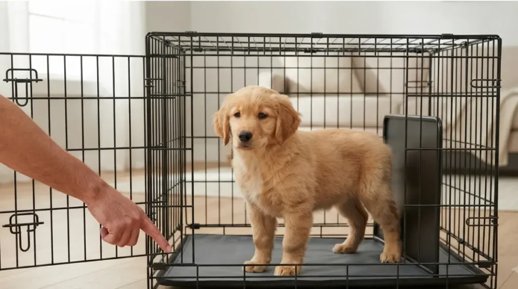 Crate Divider setup showing a puppy standing comfortably during the stand, turn, and lie-down test