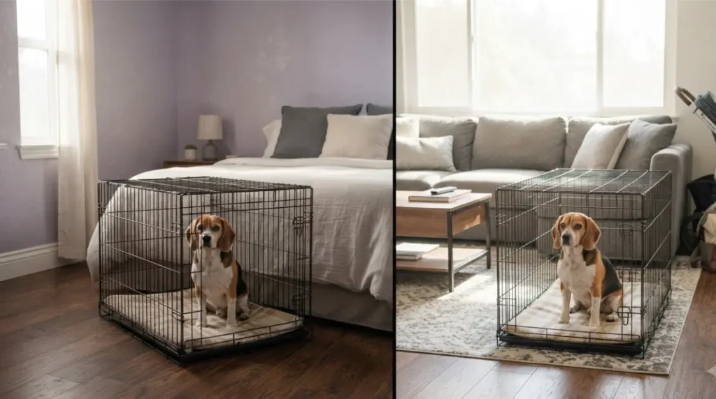 Dog crate gradually relocated from bedroom to living room over several weeks during crate training Before Baby is born