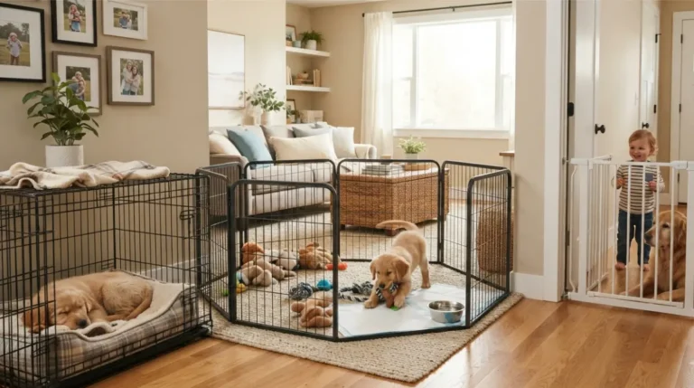 Puppy crate, Playpen, and baby gate setup in a modern home”