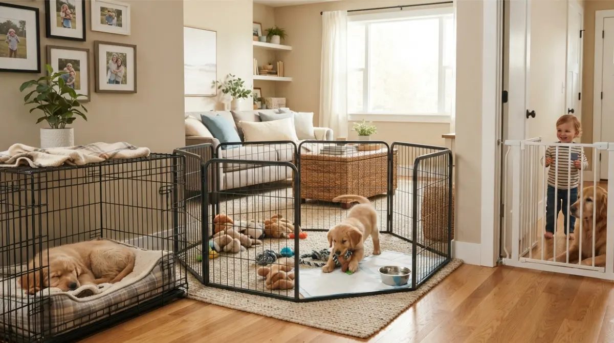 Puppy crate, Playpen, and baby gate setup in a modern home”