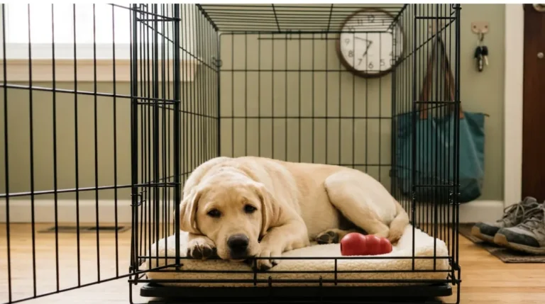 Young yellow Labrador resting in an open wire crate on a workday morning during crate training