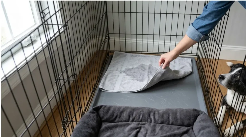 Owner lifting a towel to show a damp patch at the back of a crate and a dry bed at the front