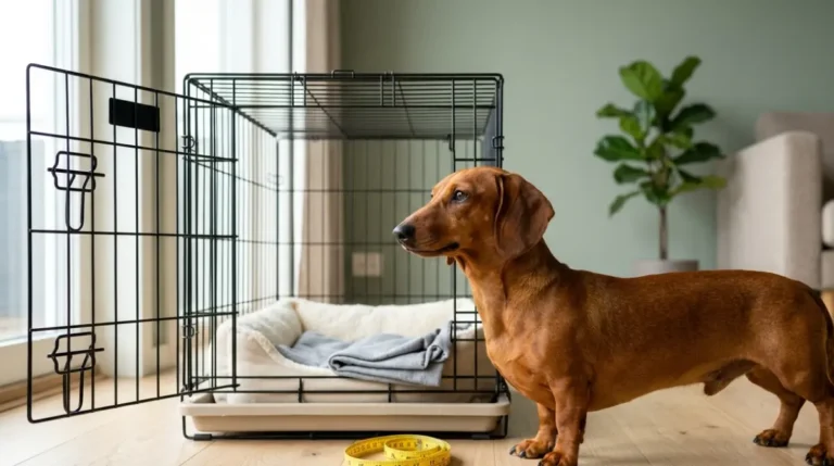 Red dachshund standing beside an open wire crate with a measuring tape on the floor.