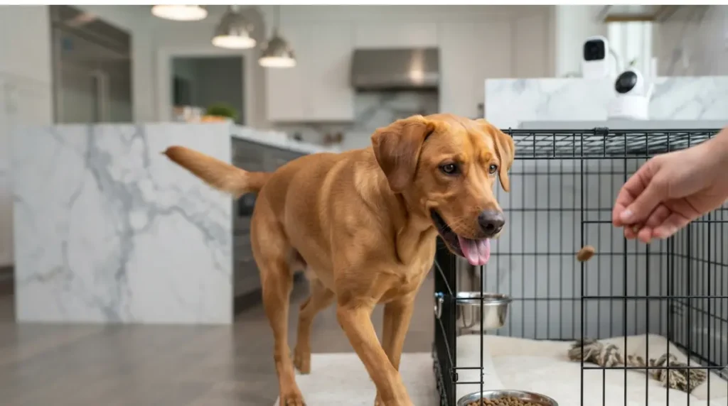 Dog voluntarily entering crate for meal as part of positive crate training Before Baby comes home