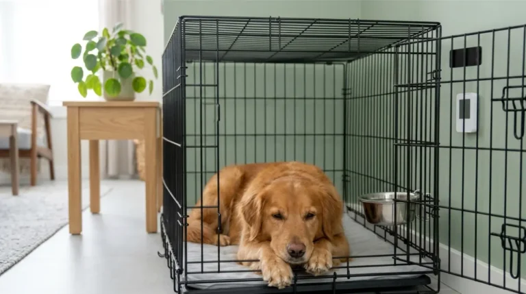 Medium-size dog resting in an open wire crate in a shaded room, set up for summer heat