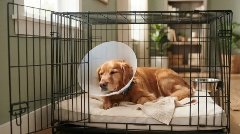 Dog resting calmly in a recovery crate with an e-collar during Rest After Surgery