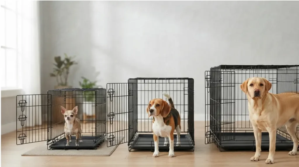 Dog size comparison showing small, medium, and large dogs beside suitable crates