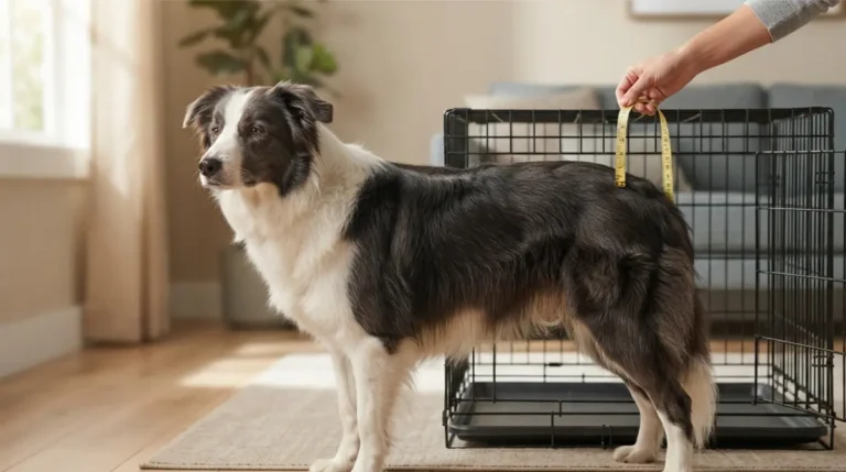 Dog standing beside a correctly sized wire crate in a home