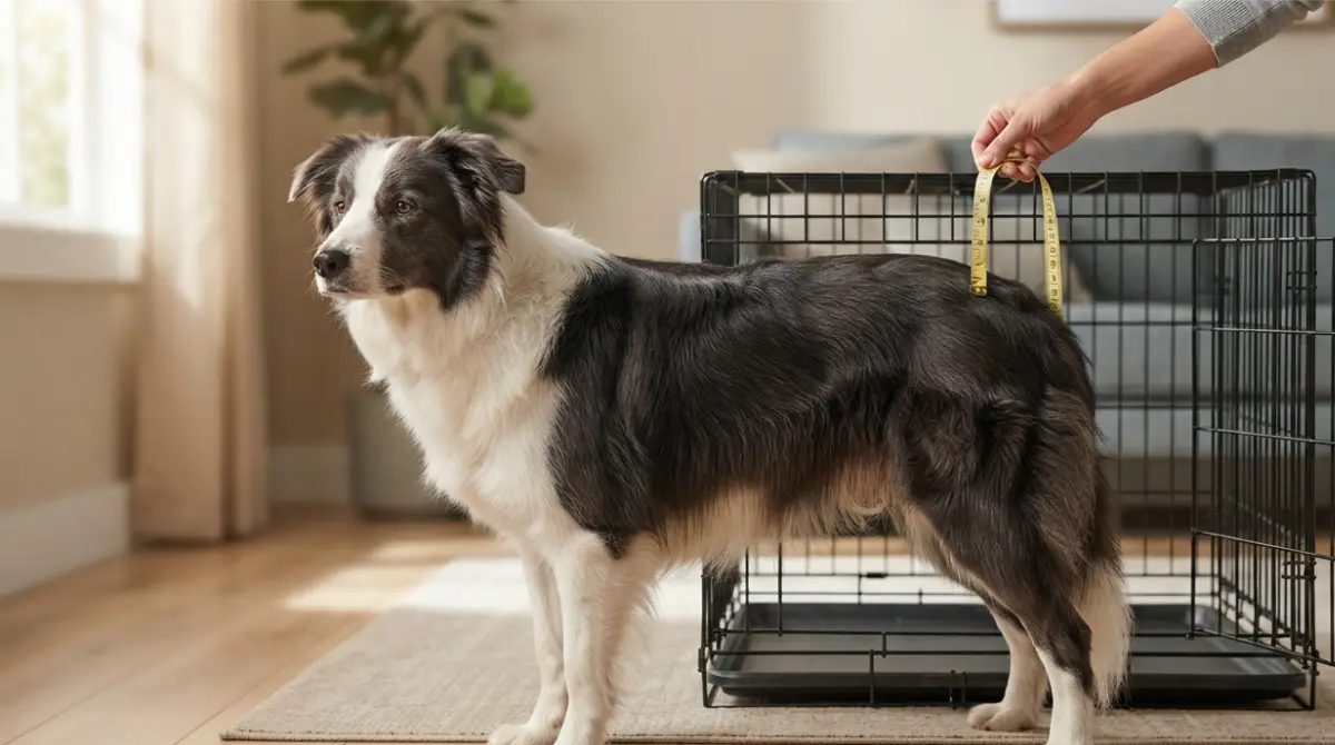 Dog standing beside a correctly sized wire crate in a home