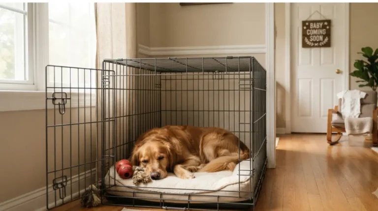 Calm dog resting in crate with nursery in background during crate training Before Baby arrives