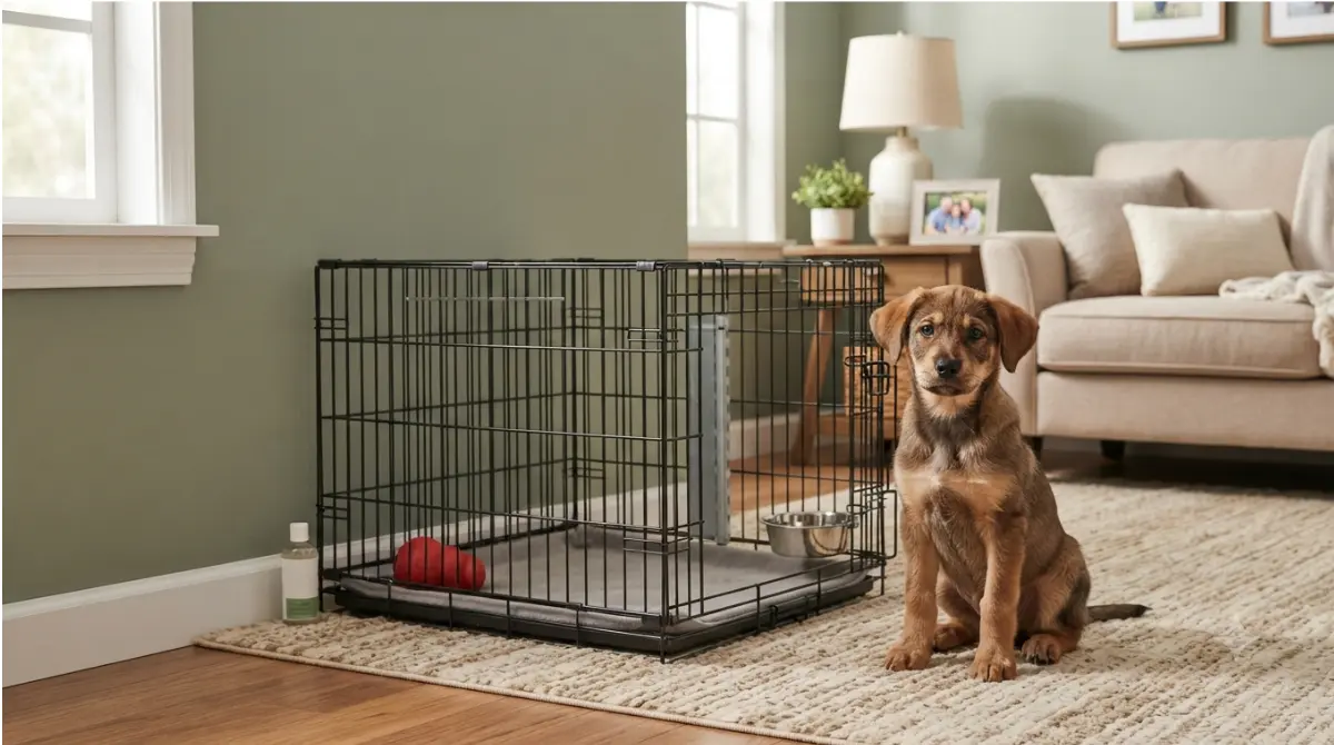 Cost of a year-one dog crate setup with a puppy, wire crate, divider, bed, chew toy, and cleaning supplies