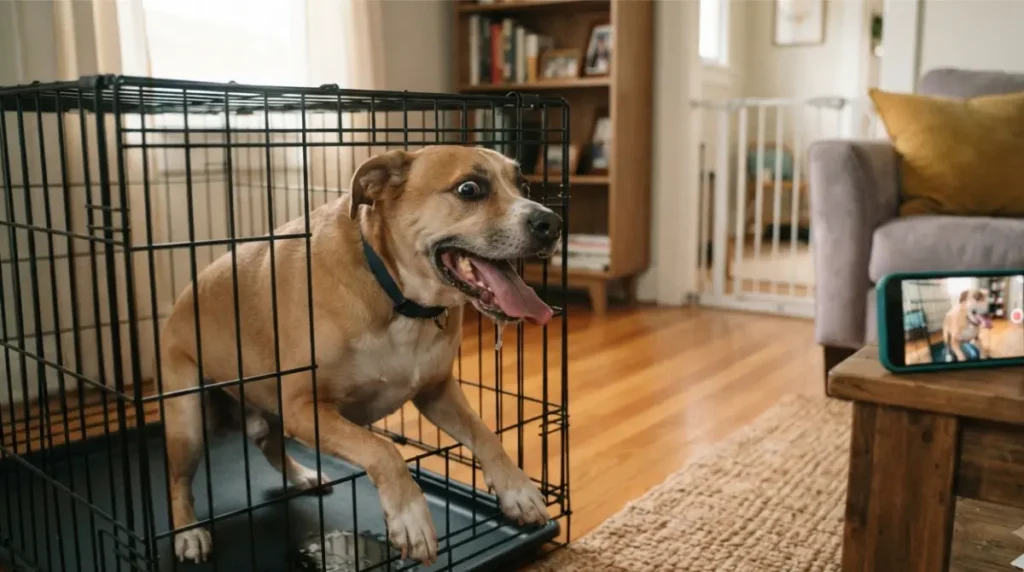 Stressed dog panting and drooling in a crate during a home check for an escape proof dog problem