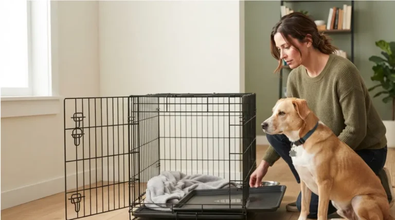 Young puppy lying in a wire crate with a divider panel closing off the back half