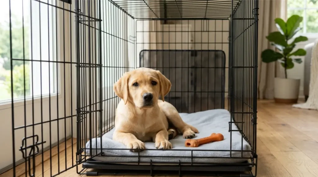 Young puppy lying in a wire crate with a divider panel closing off the back half