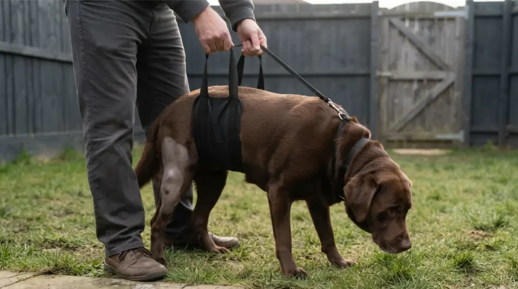 Dog on short leash and support sling during Rest After Surgery potty break