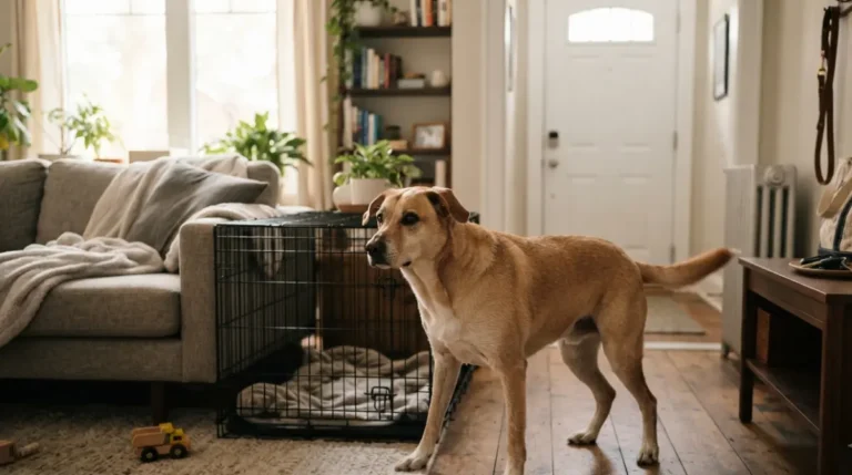 Anxious dog showing signs of Separation Anxiety while standing near an open crate as owner prepares to leave