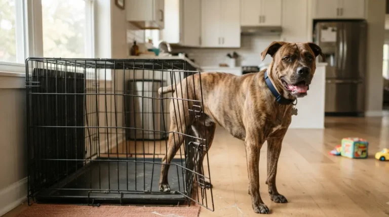 Escape artist dog next to a crate with bent bars showing why no crate is fully escape proof dog