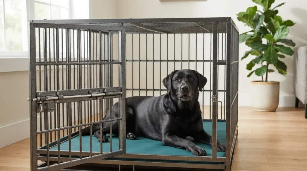 Heavy-duty escape-resistant crate with reinforced bars and secure latch for an escape proof dog
