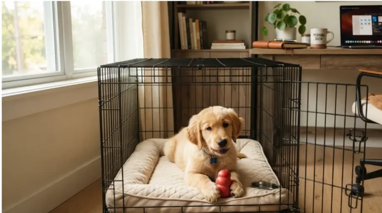 Golden retriever puppy during crate training while working from home