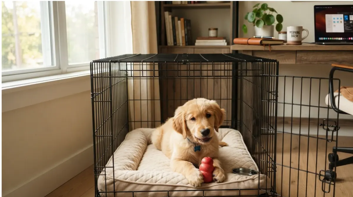 Golden retriever puppy during crate training while working from home