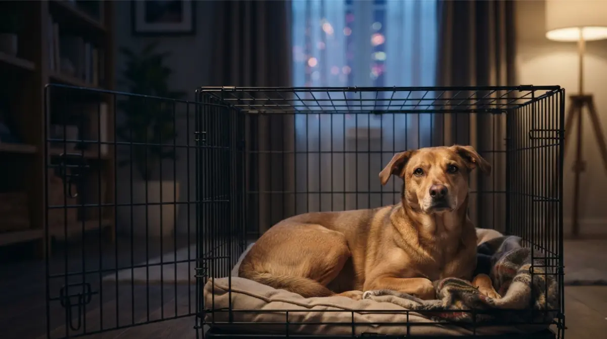 Calm dog resting in an open crate During Fireworks