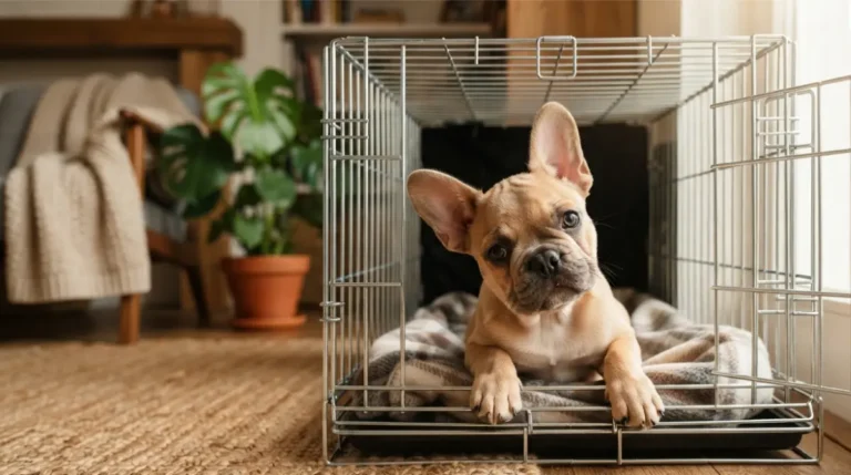 Adorable French Bulldog puppy comfortably peeking out from a wire crate in a cozy living room
