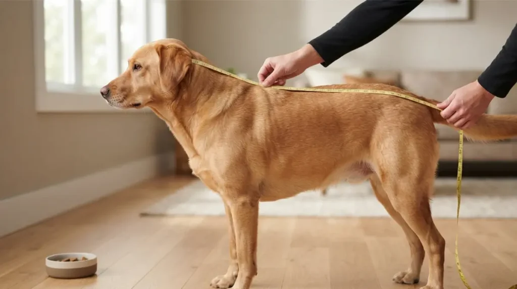Dog being measured from the nose to the base of the tail for crate sizing
