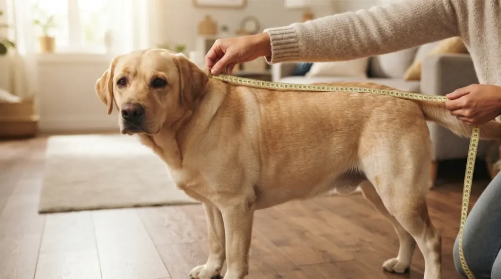 “Person measuring a Labrador retriever to find the best dog crate size using nose-to-tail measurement”