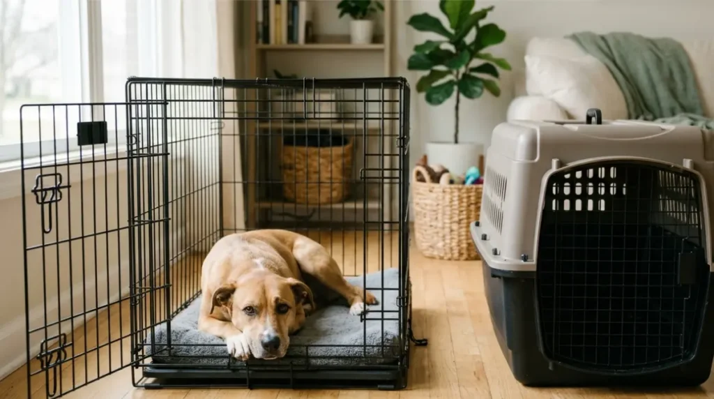 Wire door of an empty plastic dog kennel swung open, with a tape measure laid along the inside floor to show its length