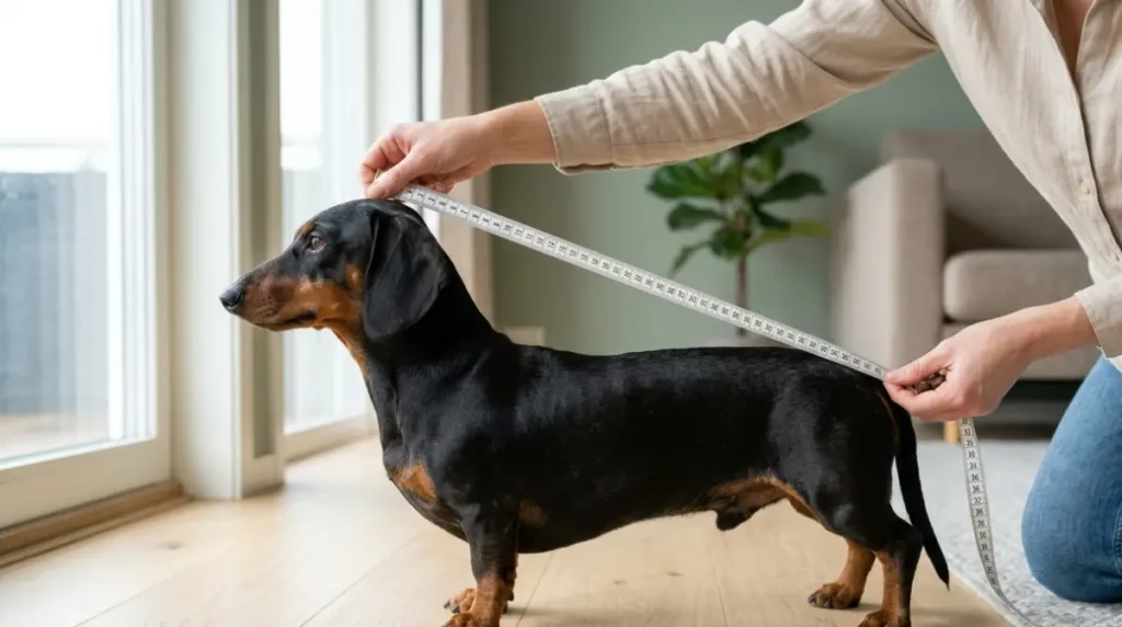 Owner measuring a black and tan dachshund from nose to tail base with a soft tape.