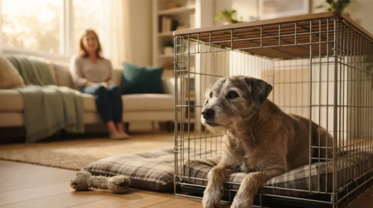 Older rescue dog crate Training while resting calmly in an open crate in a bright living room