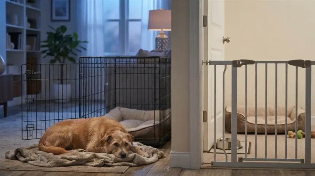 Open crate and secured interior room prepared for a dog During Fireworks