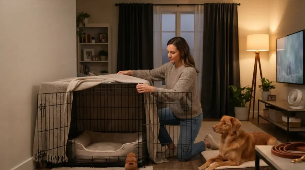 Owner prepares an open covered dog crate in a quiet room During Fireworks