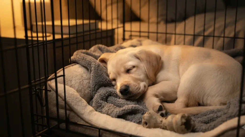 Cozy puppy crate with bed and blanket next to a daytime Playpen”