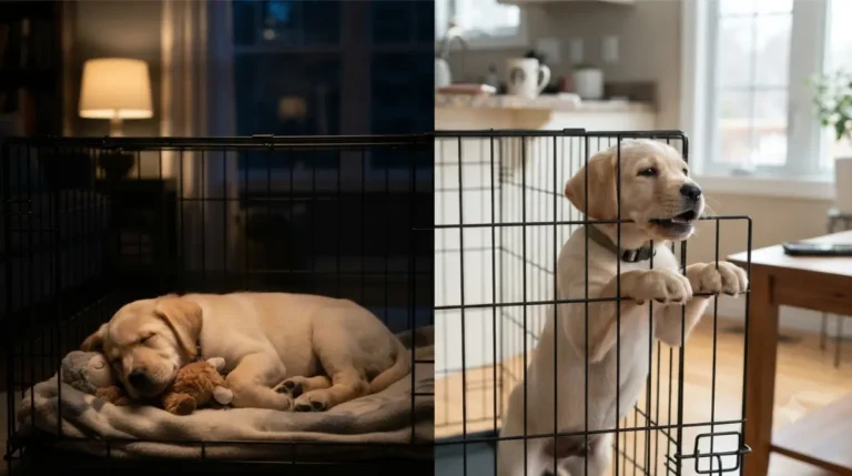 Puppy sleeping calmly in crate at night and crying in the same crate during a busy morning at home