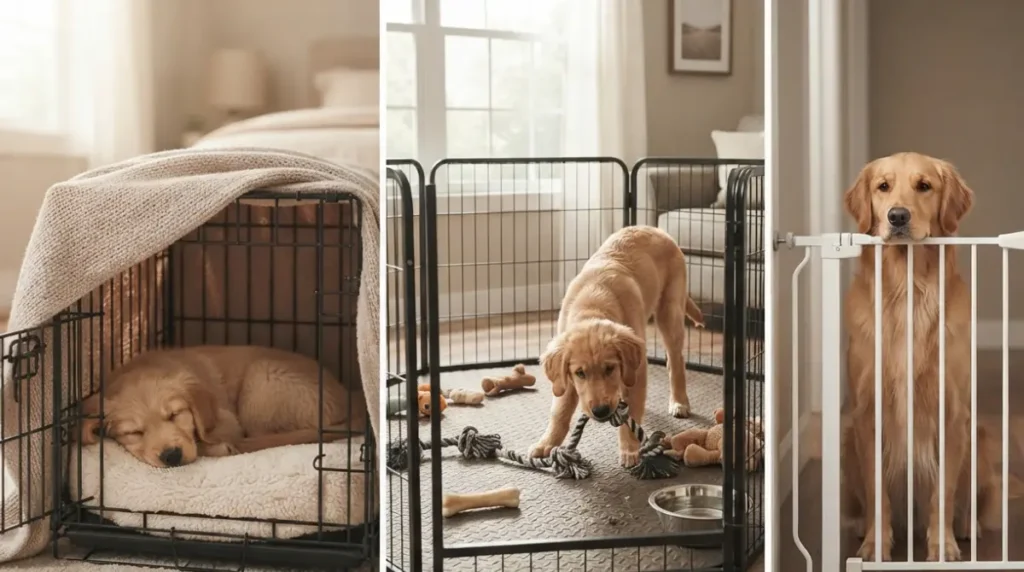 Puppy growth stages: crate at 8 weeks, Playpen at 6 months, gate as adult”