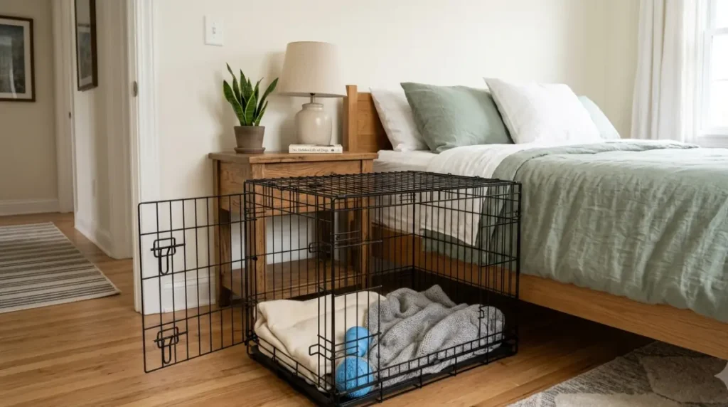 Wire dog crate with a divider panel, folded blanket and chew toy set up beside a bed before a new puppy arrives